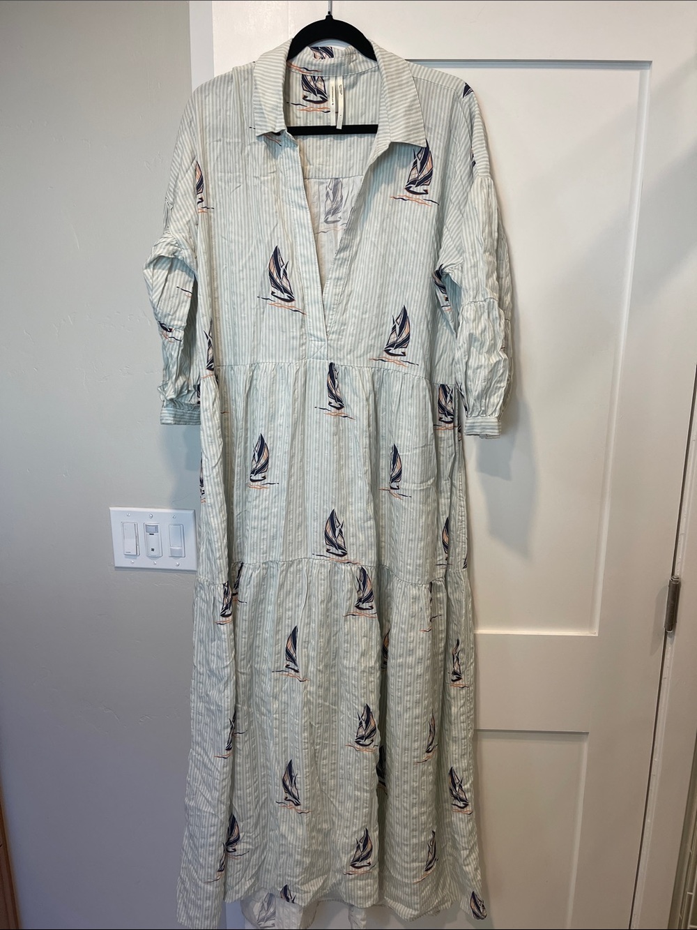 Anthropologie Mint-Striped Maxi Dress with Navy Sailboat Print